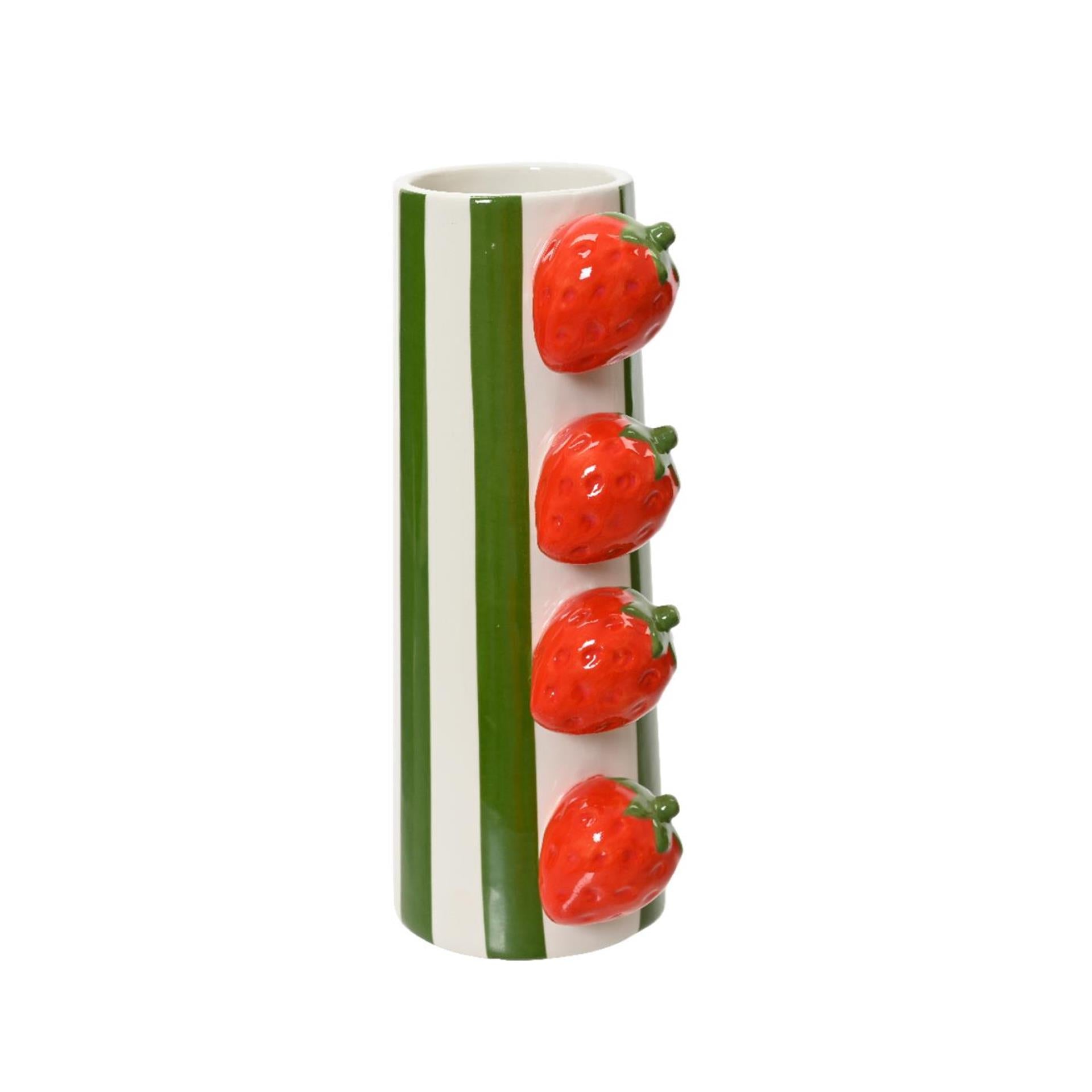 Decoris vaas dolomiet 10.5cm x w.7.8cm x h.20.7cm groen streep met 3d aardbeien
