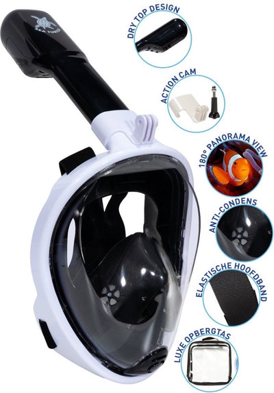 Sea turtle snorkelmasker - snorkel - duikbril - snorkelset - full face masker - volwassenen - wit zwart- l xl