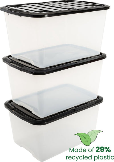 Iris topbox opbergbox half te openen deksel - 45l - kunststof - transparant zwart - set van 3