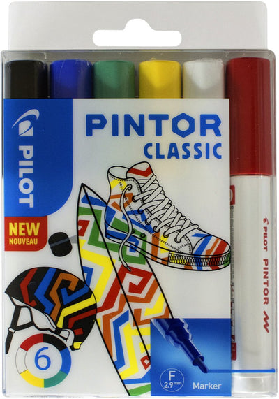 Pilot pintor 6 kleuren verfstiften set - classic set - fijne marker met 2,9mm punt - inkt op waterbasis - dekt op elk oppervlak, zelfs de donkerste - teken, kleur, versier, markeer, schrijf, kalligrafeer…