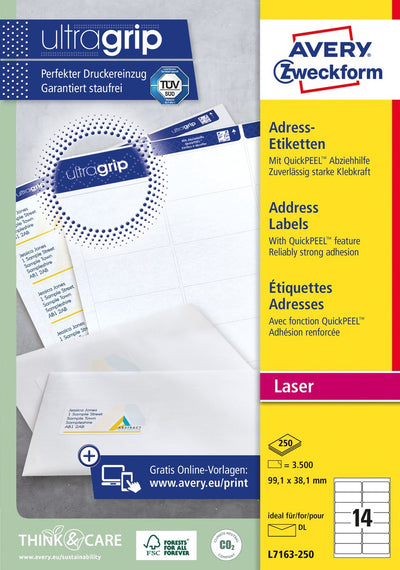 Merkloos sans marque huismerk avery l7163-250 laserprinter etiket 99.1x38.1 wit