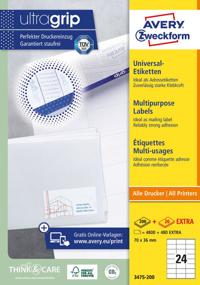 Avery witte etiketten quickpeel formaat 70 x 36 mm (b x h) 4.800 stuks 24 per blad doos van 200 blad