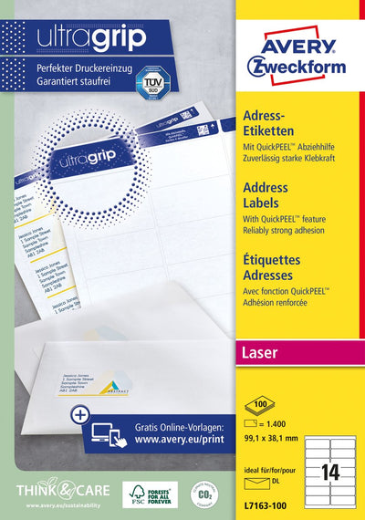 Avery l7163-100 witte laseretiketten doos van 100 blad formaat 991 x 381 mm (b x h) 1400 stuks 14 per blad