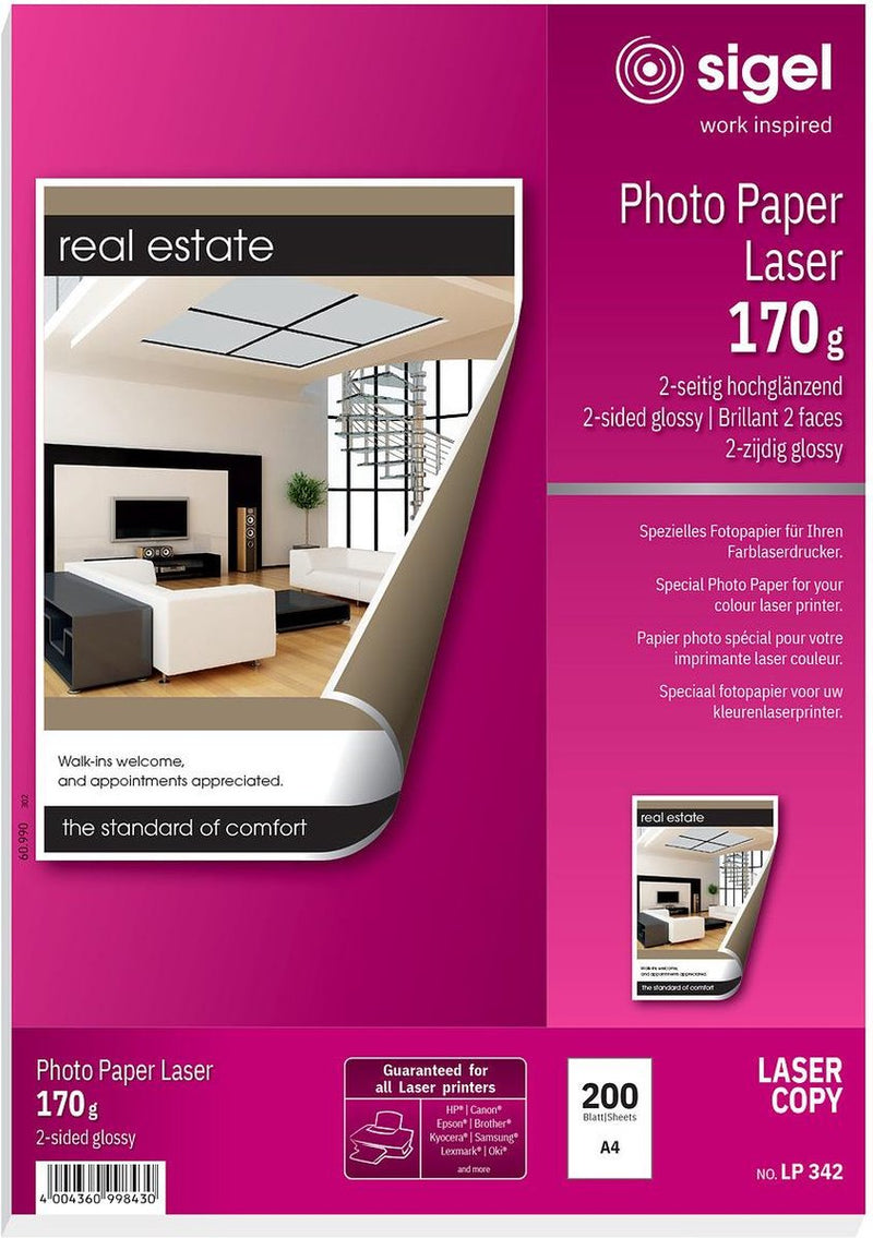 Sigel fotopapier - a4 - hoogwit glans - 170 grams - 200 vel - laserprinter - si-lp342