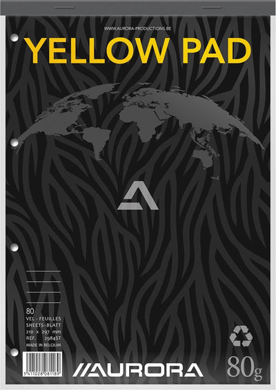Aurora schrijfblok - yellow pad - recycled - a4 - geel - 80g - gelinieerd - 80 vel