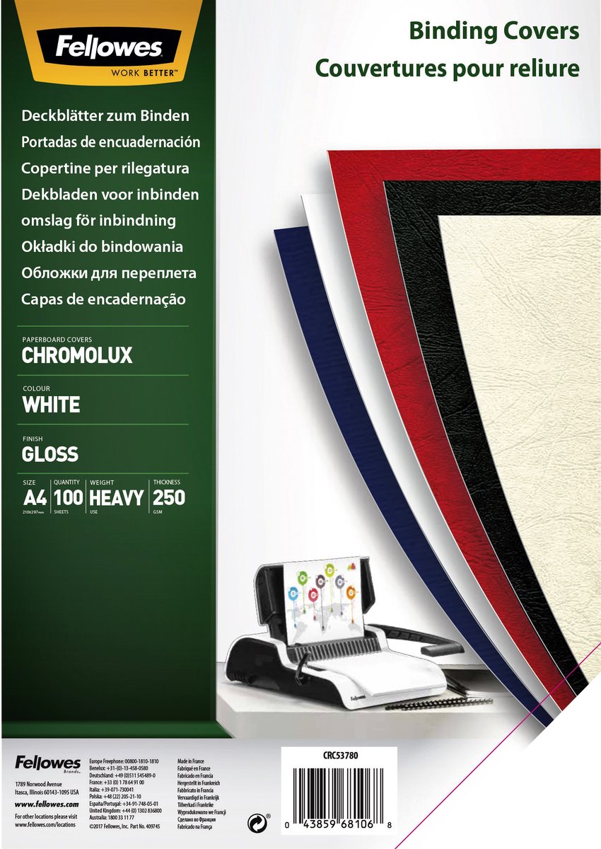 Fellowes schutbladen chromolux - wit - a4 - 250g - 100 vel