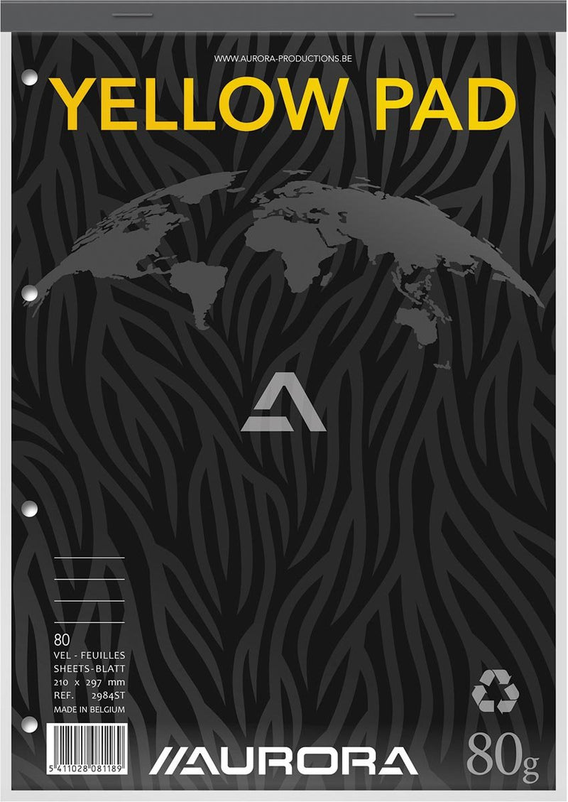 Aurora schrijfblok - yellow pad - recycled - a4 - geel - 80g - gelinieerd - 80 vel