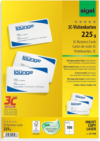 Sigel visitekaartjes wit 85x55 mm 225 gram 100 stuks met afgeronde hoeken