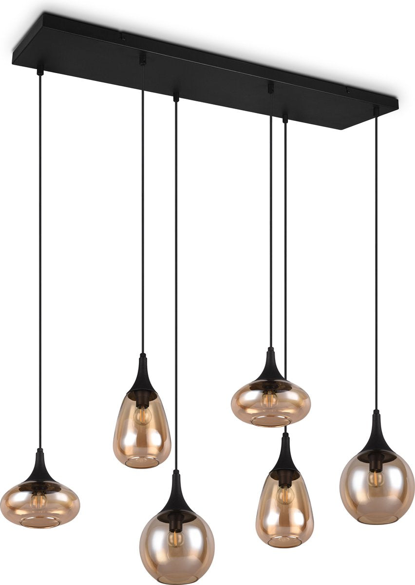 Trio lumina - hanglamp - zwart - excl. 6x e14 40w - aanpasbaar in hoogte - amber glas