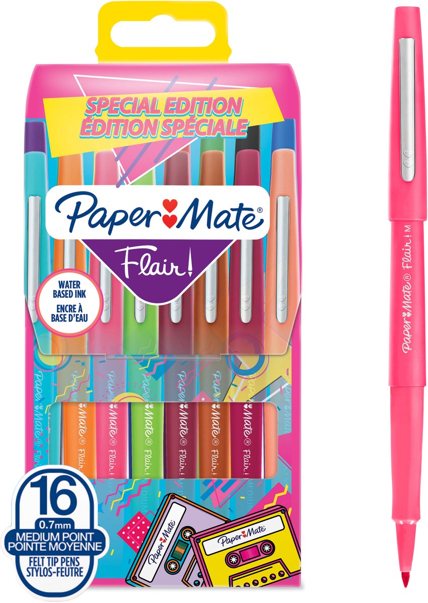 Paper mate flair-viltstiften | medium punt (0,7 mm) | diverse retrokleuren | 16 stuks
