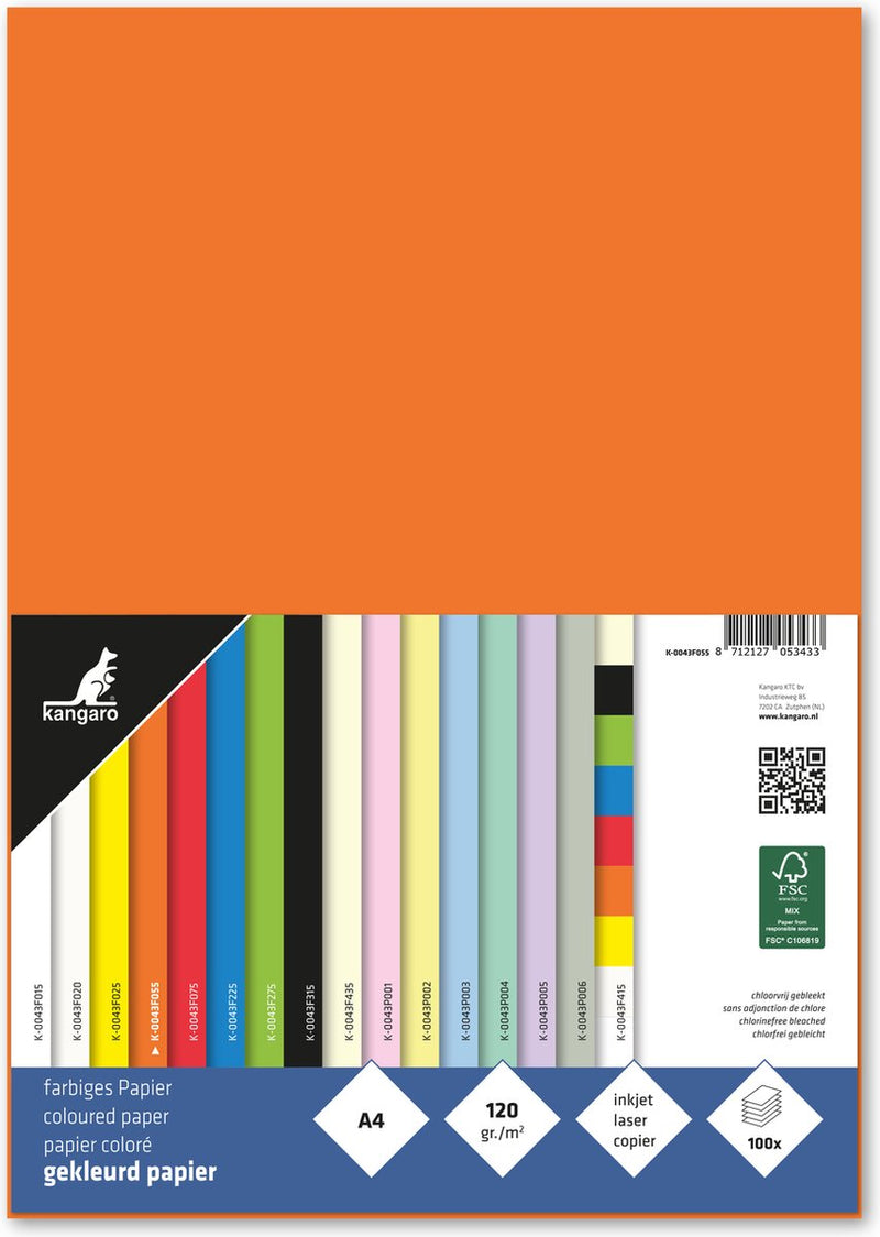 Kangaro papier - a4 - 120 grams fsc - pak 100 vel - oranje - k-0043f055
