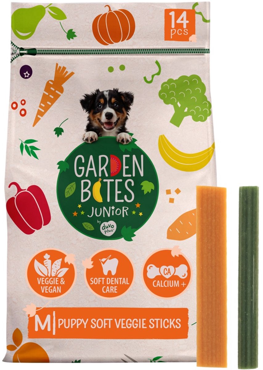 Garden bites duvoplus - soft veggie sticks hondensnacks - hondensnoepjes - vegetarisch glutenvrij - puppy medium 14st