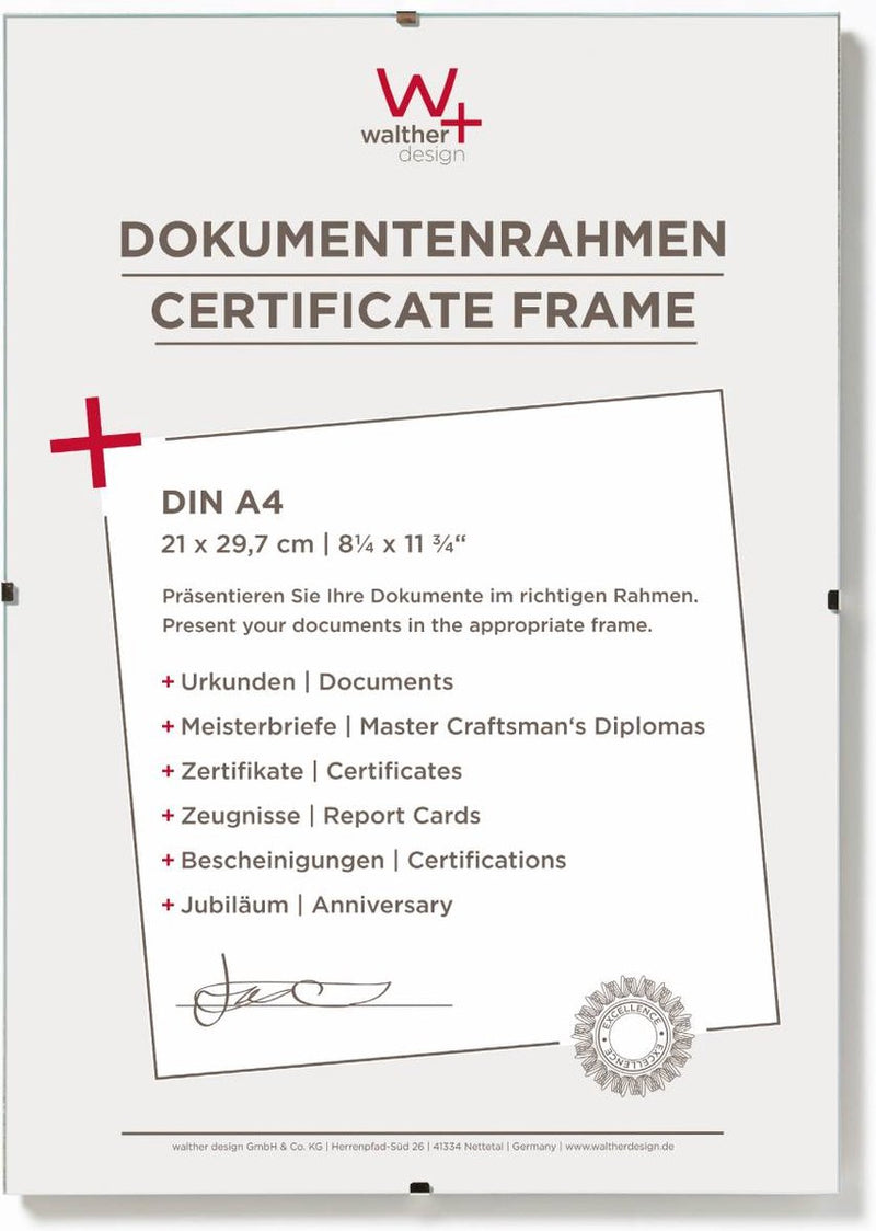 Walther fotolijstloze schilderijhouders (clip frame) - frameformaat 21x29,7 cm (din a4) - antireflecterend glas