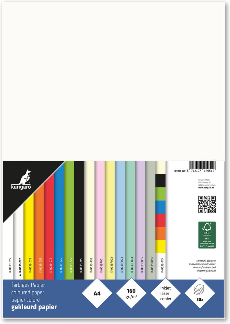 Kangaro papier - a4 - 160 gram fsc - pak 50 vel - roomwit - k-0039-020