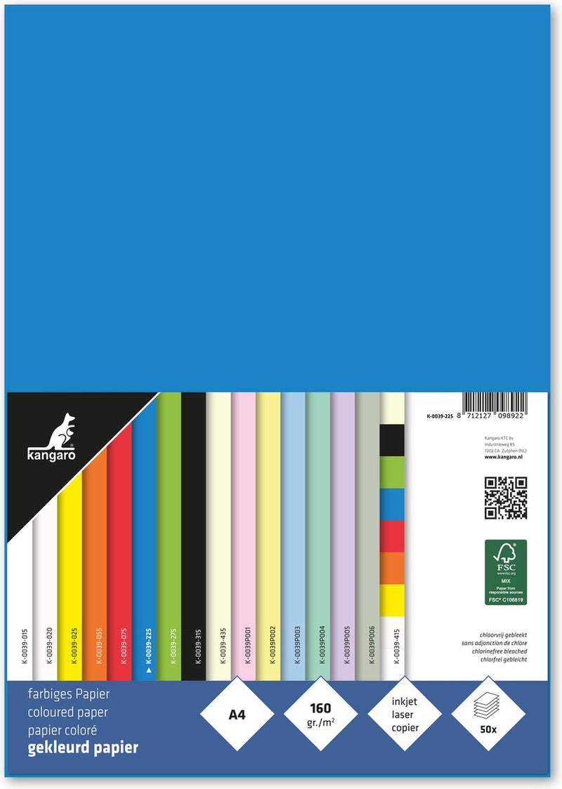 Kangaro papier - a4 - 160 gram fsc - pak 50 vel - blauw - k-0039-225