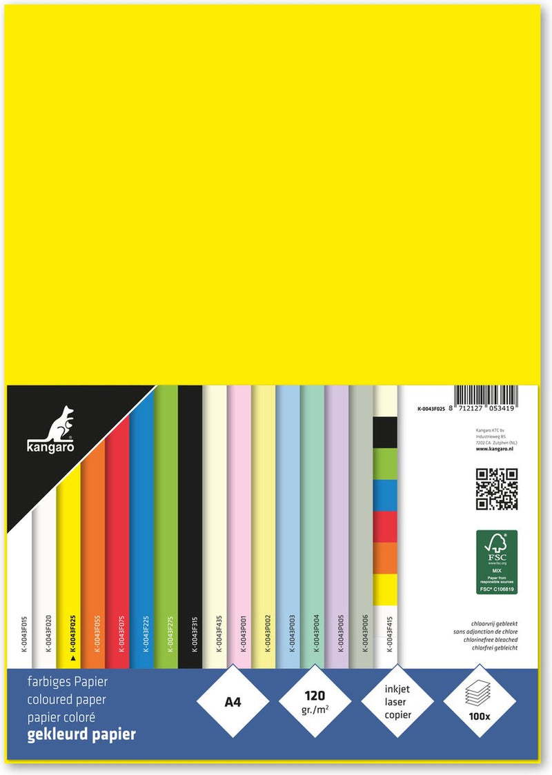Kangaro papier - a4 - 120 grams fsc - pak 100 vel - geel - k-0043f025