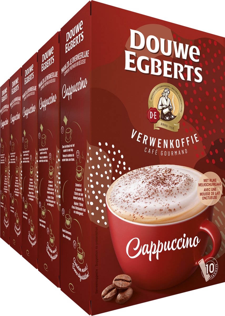Douwe egberts verwenkoffie cappuccino oploskoffie - 5 x 10 zakjes