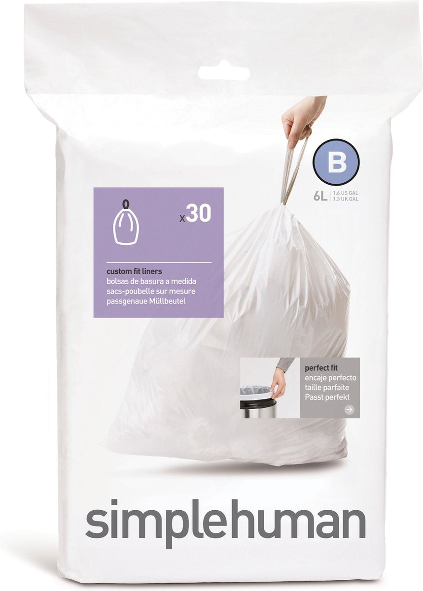 Simplehuman code b afvalzakken - 6 liter - 30 stuks - met trekband - wit