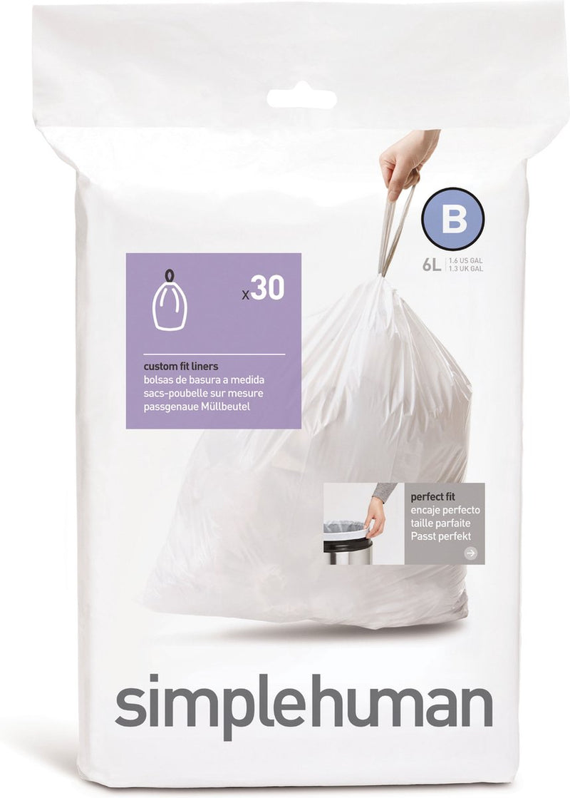 Simplehuman code b afvalzakken - 6 liter - 30 stuks - met trekband - wit