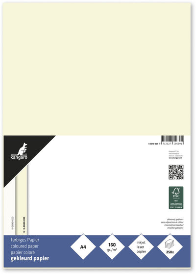 Merkloos sans marque kangaro gekleurd papier - formaat a4 - 160 grams - ivoorwit - pak 250 vel