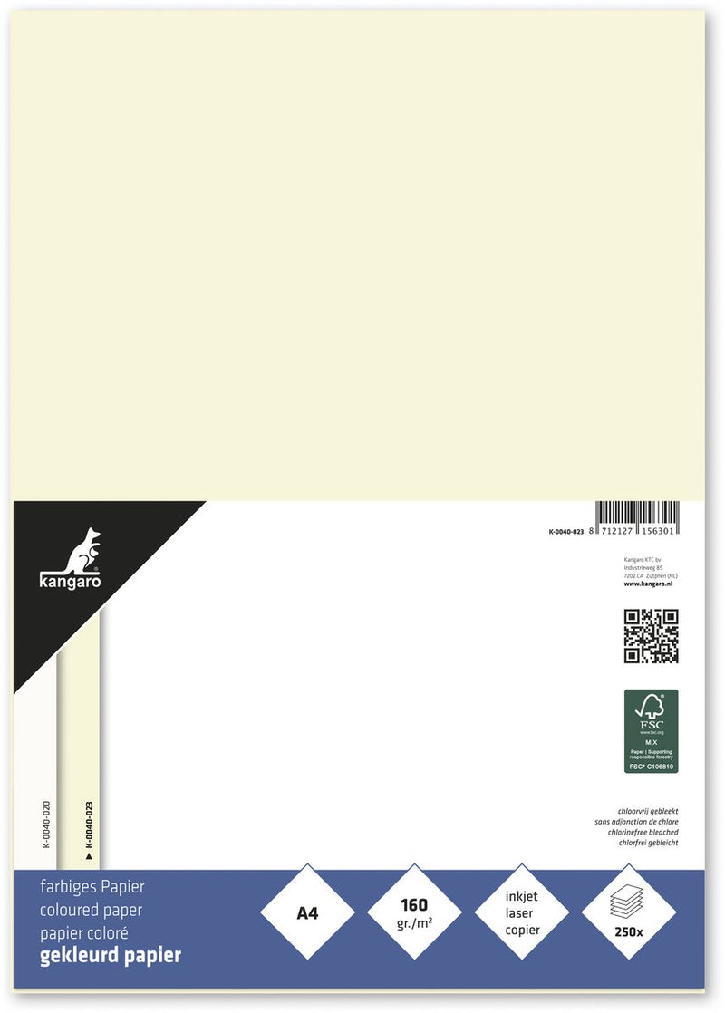 Merkloos sans marque kangaro gekleurd papier - formaat a4 - 160 grams - ivoorwit - pak 250 vel