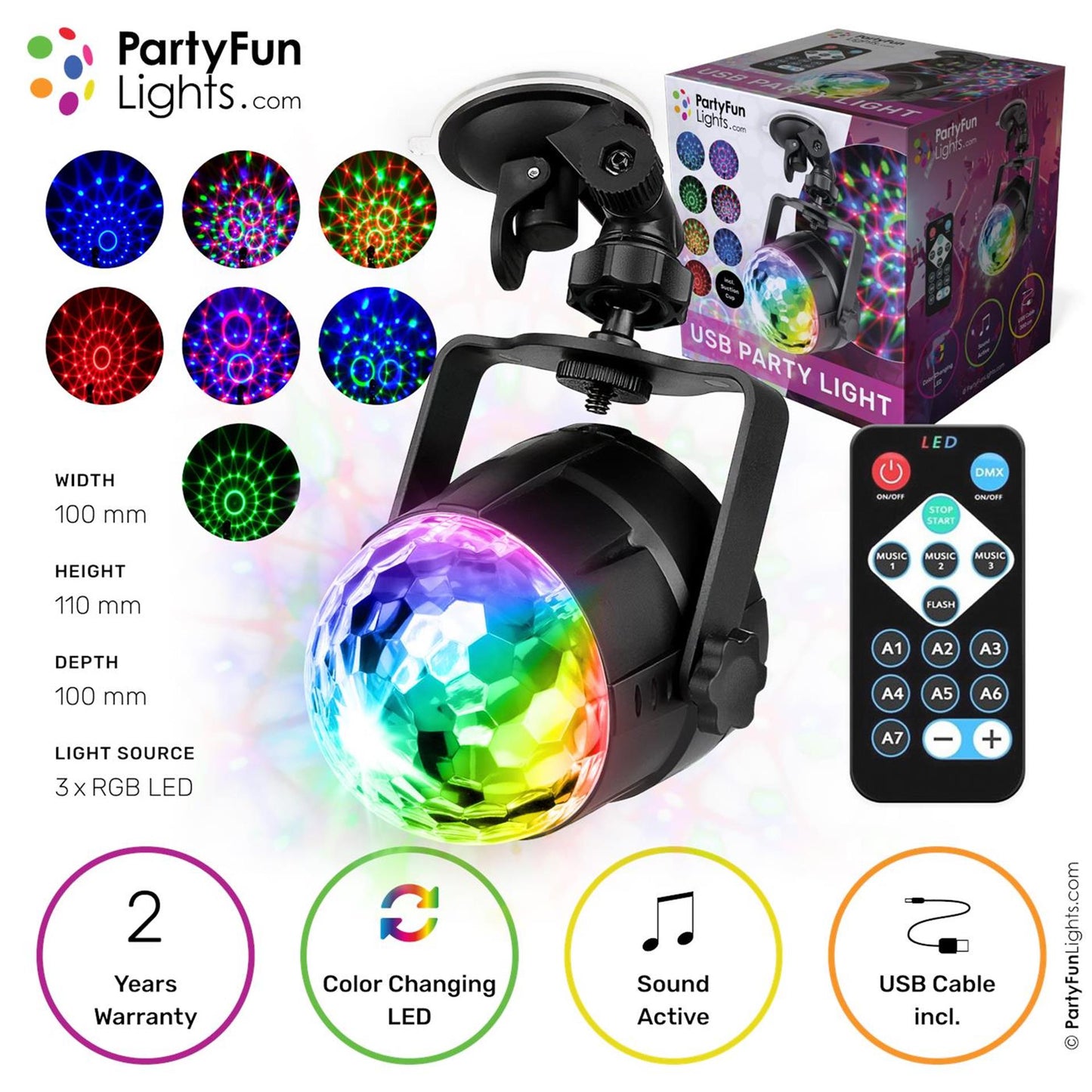 Partyfun lights disco licht caleidescoop, colour changing, geluids gevoelig usb aansluiting en afstandbediening