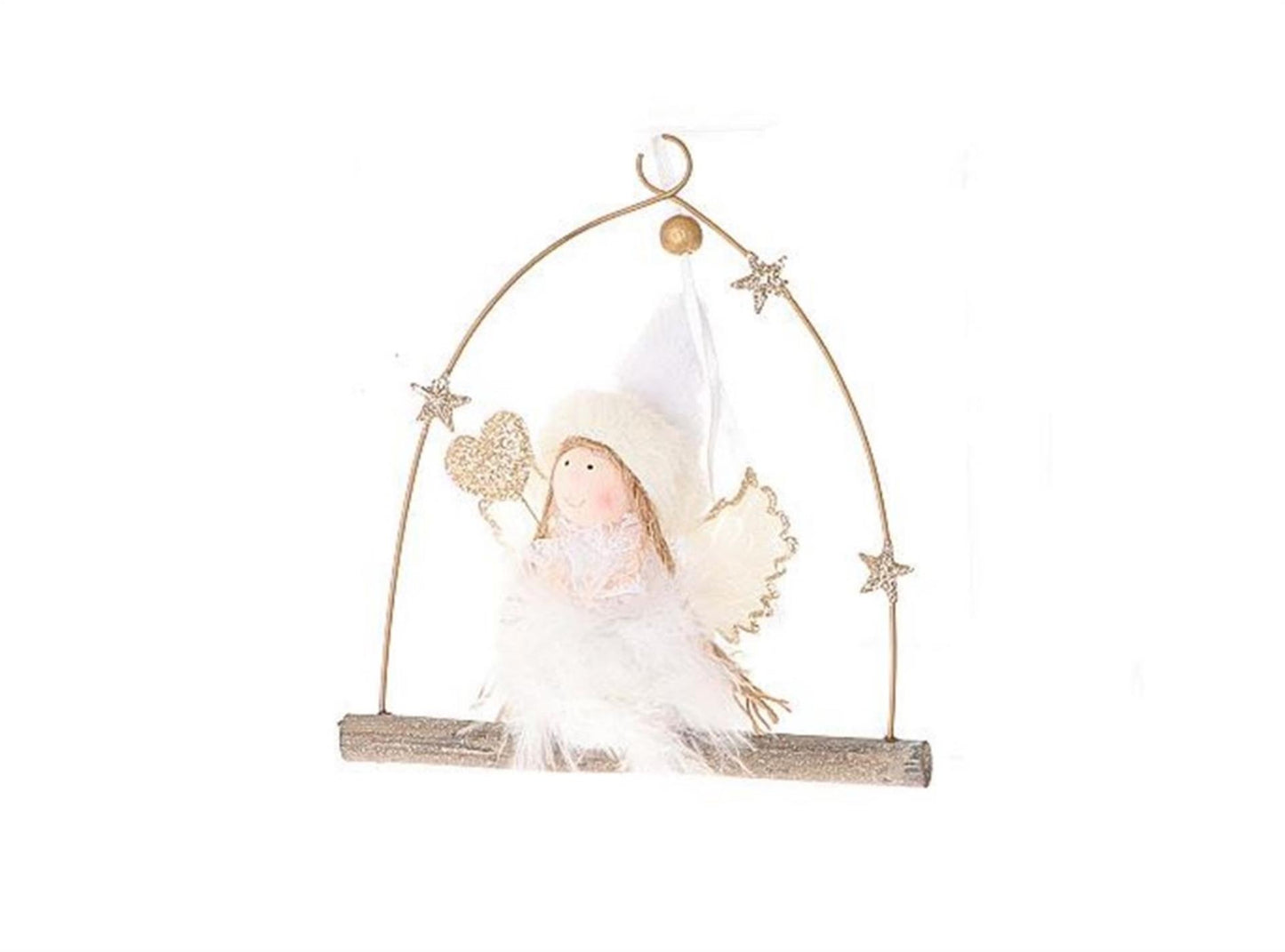 Hbx natural living hanger engel ada op boomstammetje met veren en textiel 15x5xh17,5cm