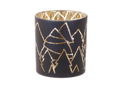 Hbx natural living theelichthouder dourdan ø7xh8,2cm met kerstbomen print in zwart goud