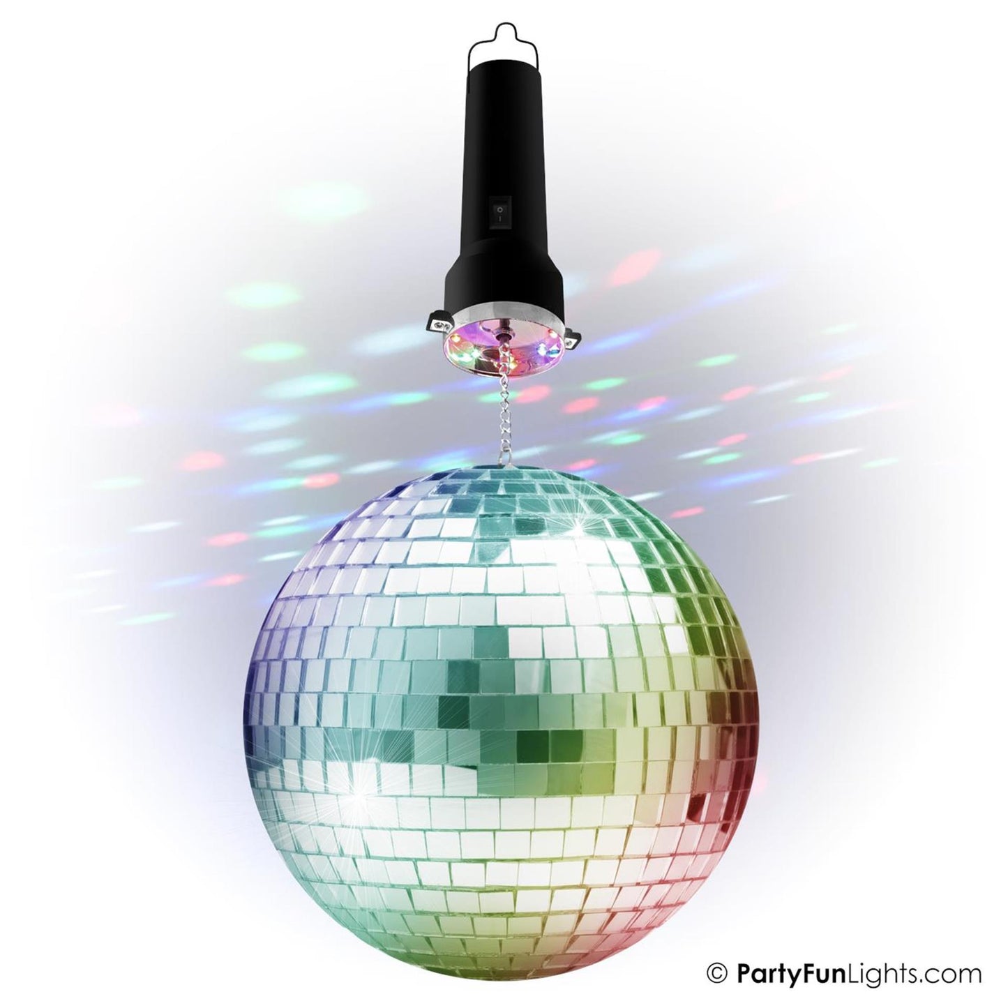 Partyfun lights partyfunlights - roterende spiegelbol partyset met multi-color led - inclusief motor - 20cm spiegelbol - 8 lichtpunten