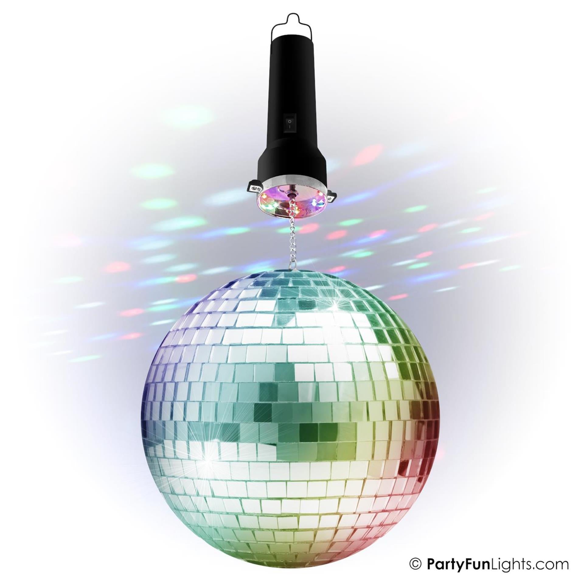 Partyfun lights partyfunlights - roterende spiegelbol partyset met multi-color led - inclusief motor - 20cm spiegelbol - 8 lichtpunten