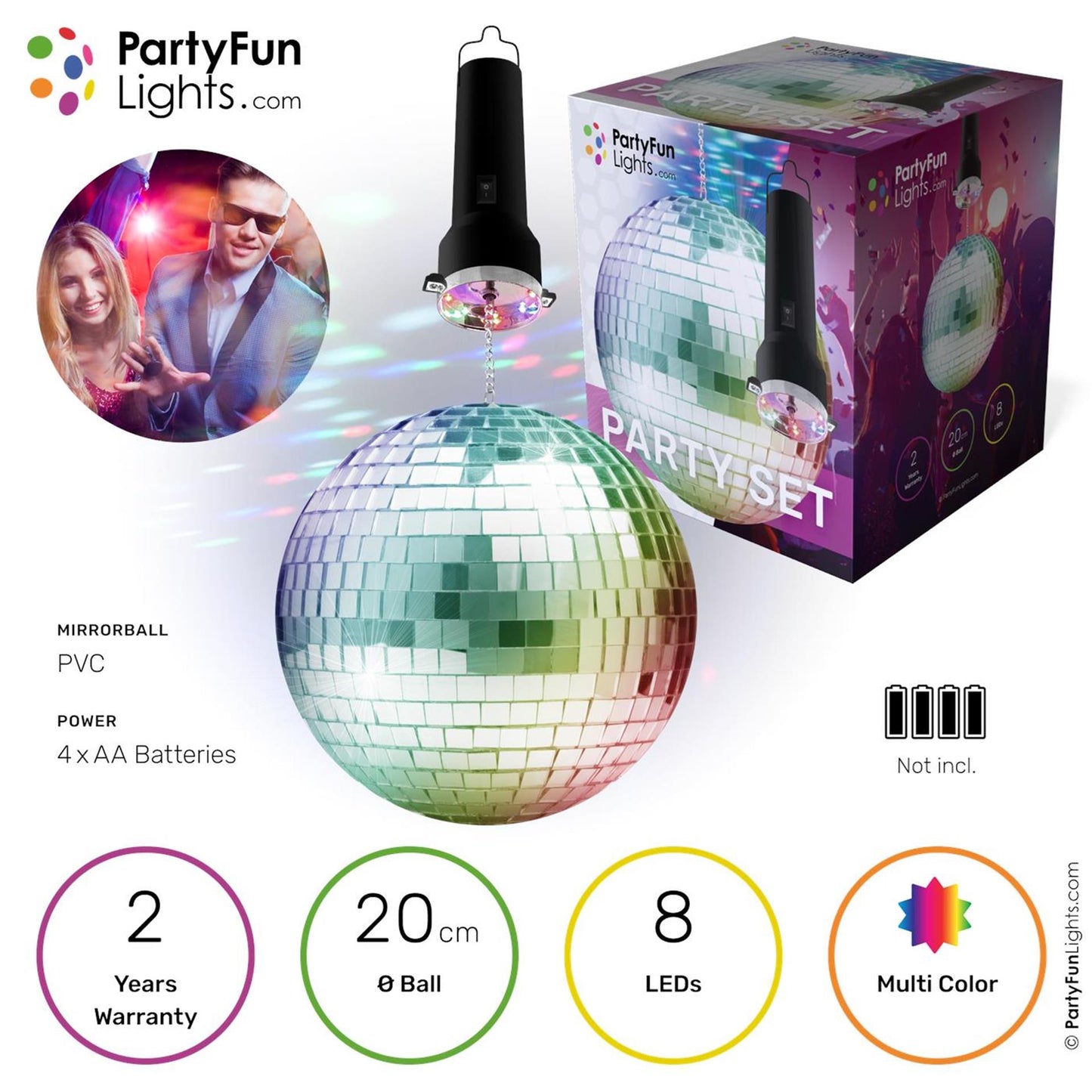 Partyfun lights partyfunlights - roterende spiegelbol partyset met multi-color led - inclusief motor - 20cm spiegelbol - 8 lichtpunten