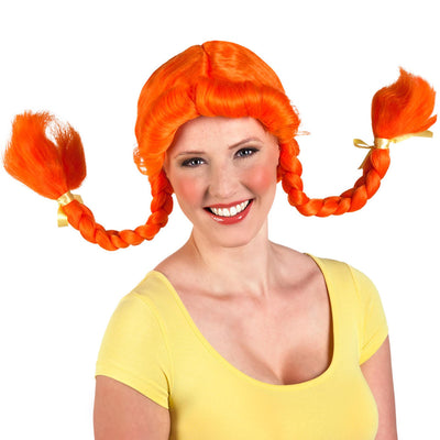 Boland pruik met oranje vlechten en strik