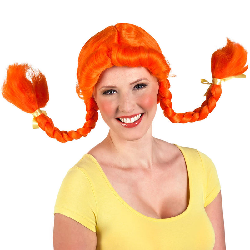 Boland pruik met oranje vlechten en strik