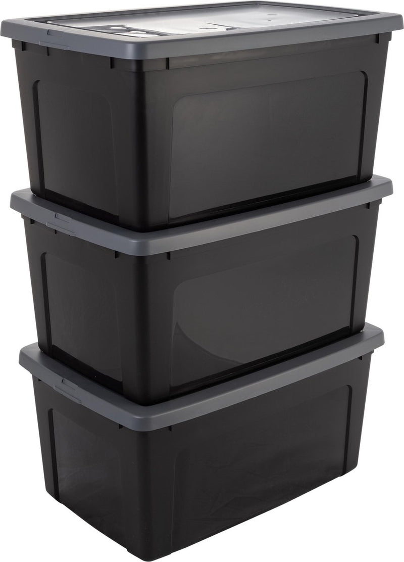 Iris clearbox opbergbox - 50l - kunststof - zwart grijs - set van 3