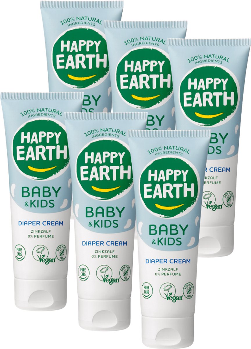 Happy earth bundel zink billencrème baby kids - 100% natuurlijke ingrediënten - microplasticvrij - babyverzorging – parfumvrij - met zinkoxide – luierzalf – geschikt voor pasgeborenen – 6 x 75ml - voordeelverpakking