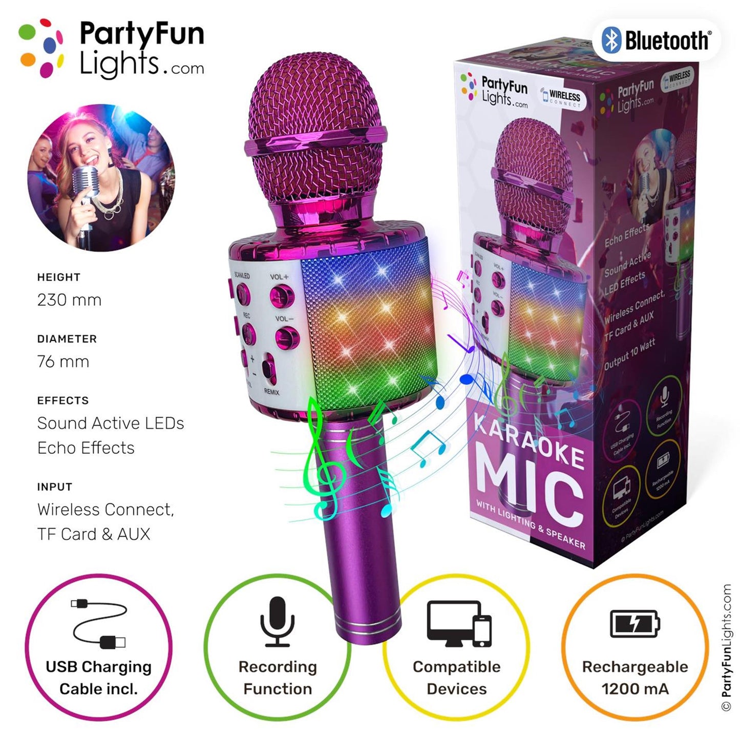 Partyfun lights karaoke mic party speaker roze 1200ma