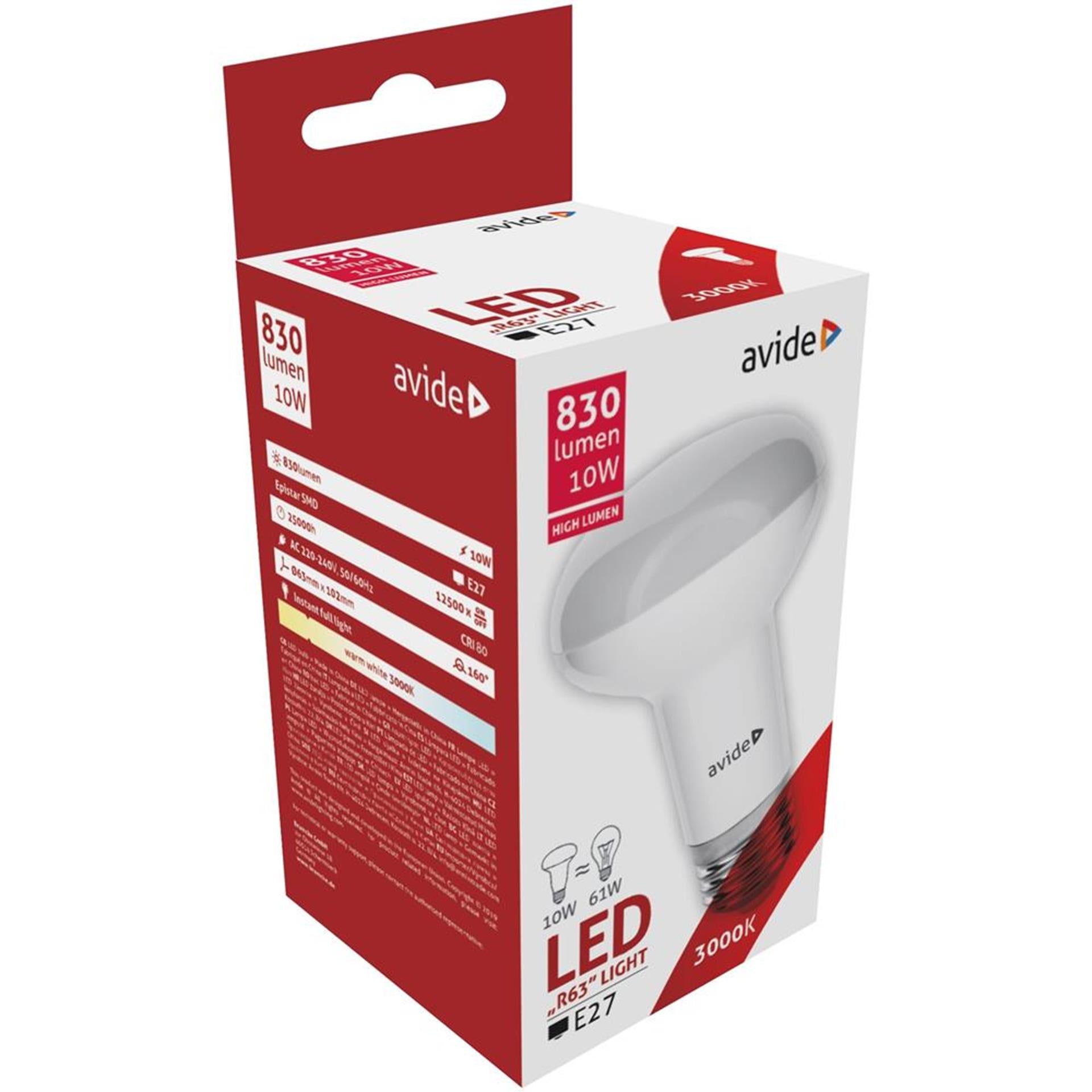Avide led r63 10w, e27 fitting 3000 kelvin warmwit 830 lumen
