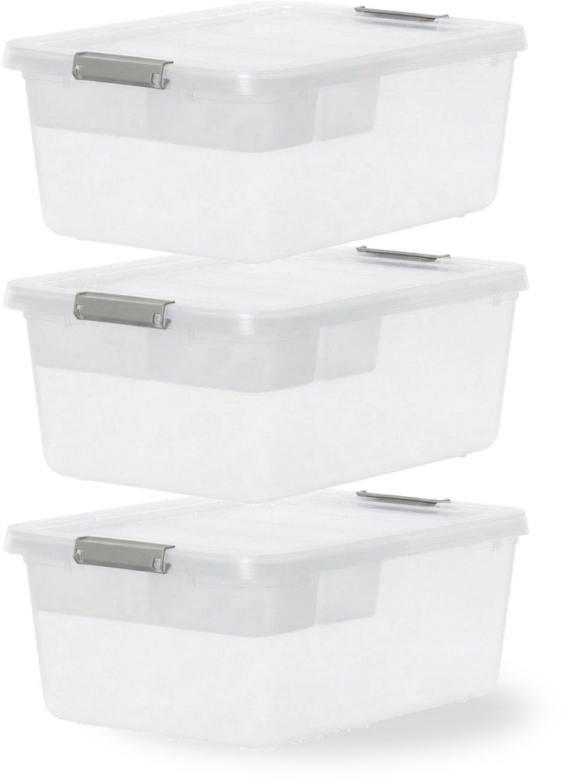 Iris storage opbergbox met clips en inlegtray - 12.5l - organiseerbaar - kunststof -transparant grijs - set van 3