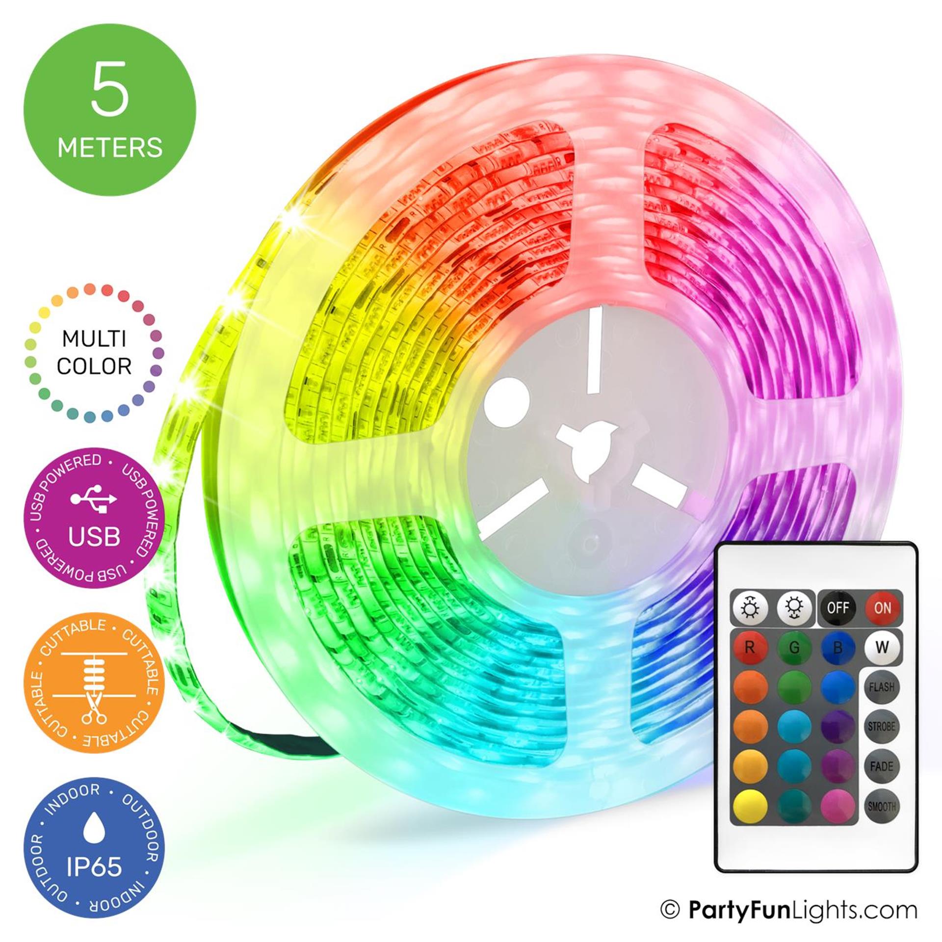 Partyfun lights usb led strip 5 meter ip65 met afstandsbediening, sefl-adhesive