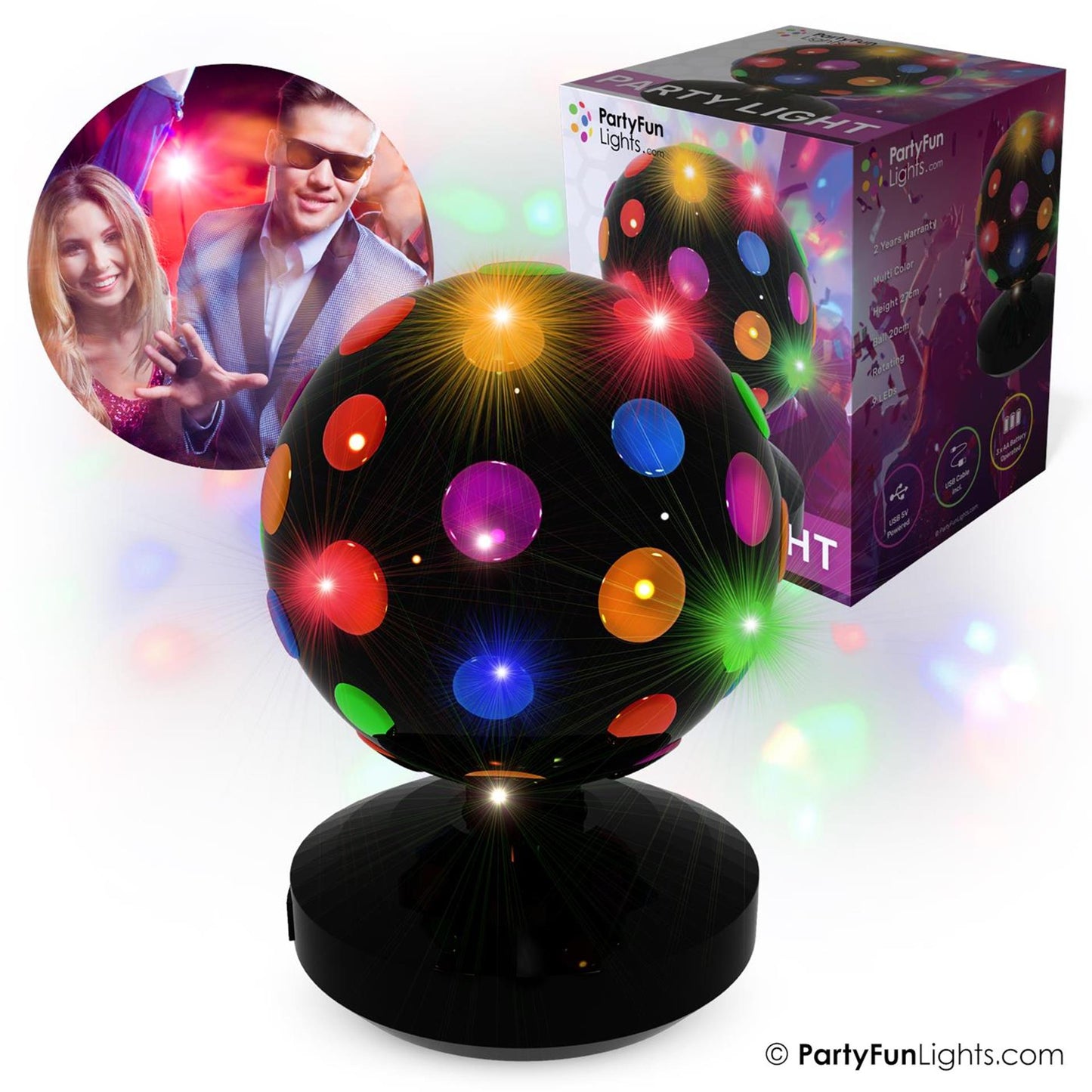 Partyfun lights disco licht dia20cm 9 led werkt op 3xaa batterij en usb