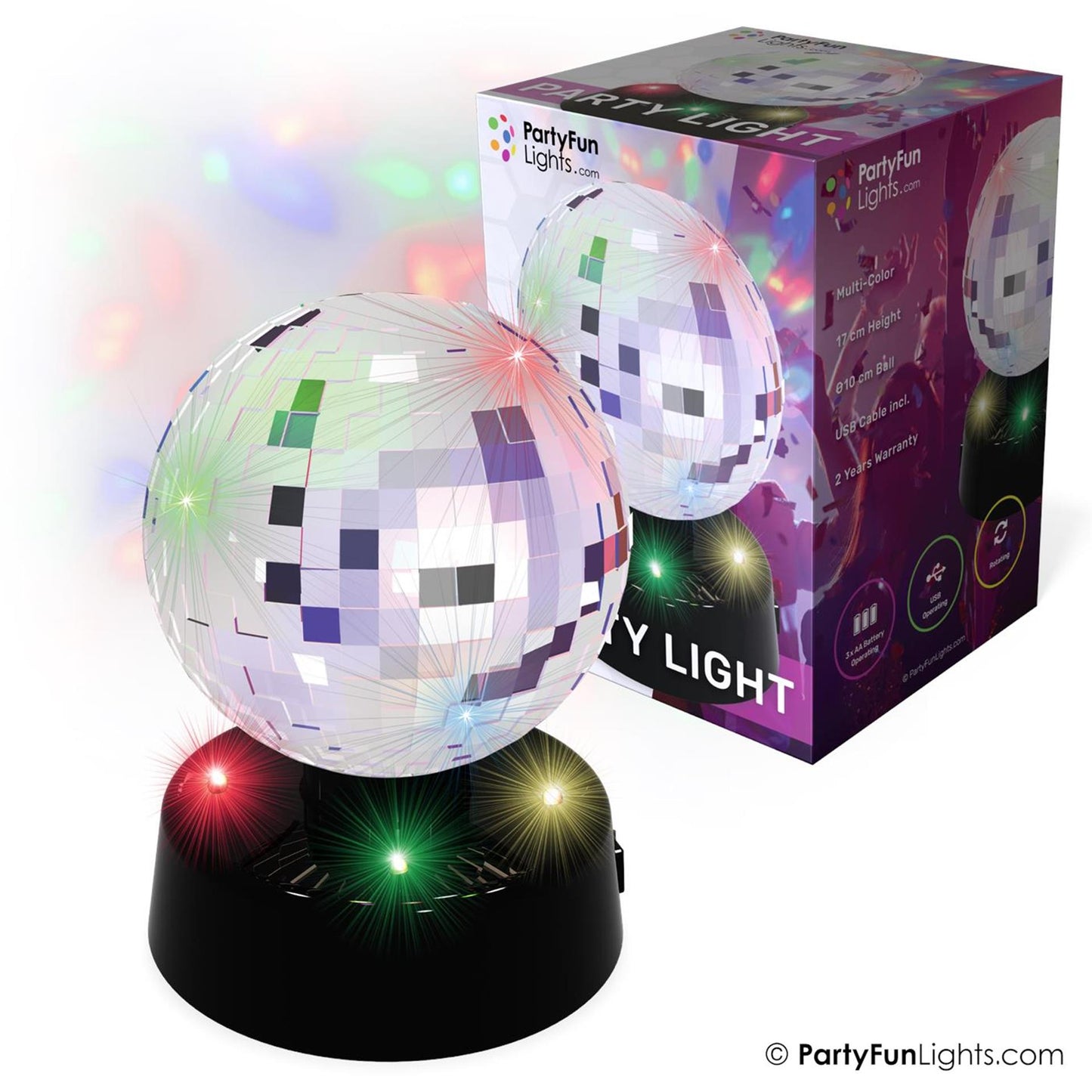 Partyfun lights tafellamp discobal dia10cm roterend werkt op 3xaa batterijen en usb