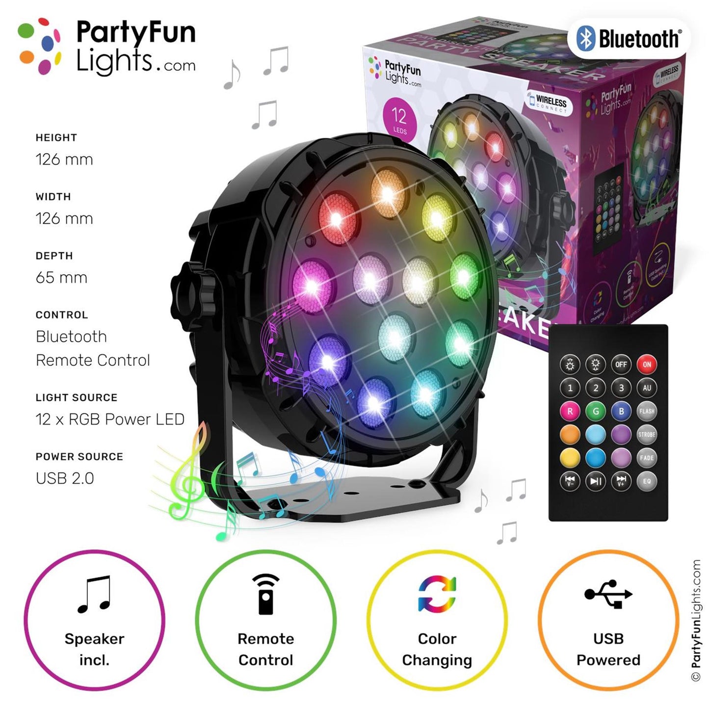 Partyfun lights bluetooth luidspreker 12x power leds