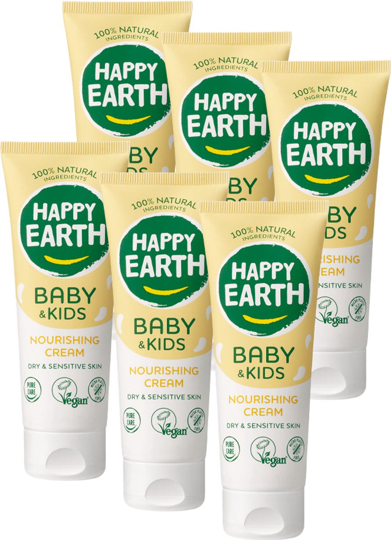 Happy earth bundel voedende crème baby kids - 100% natuurlijk - microplasticvrij - 0% sls sles - babyverzorging – geschikt voor pasgeborenen en de droge babyhuid – 6 x 75ml - voordeelverpakking