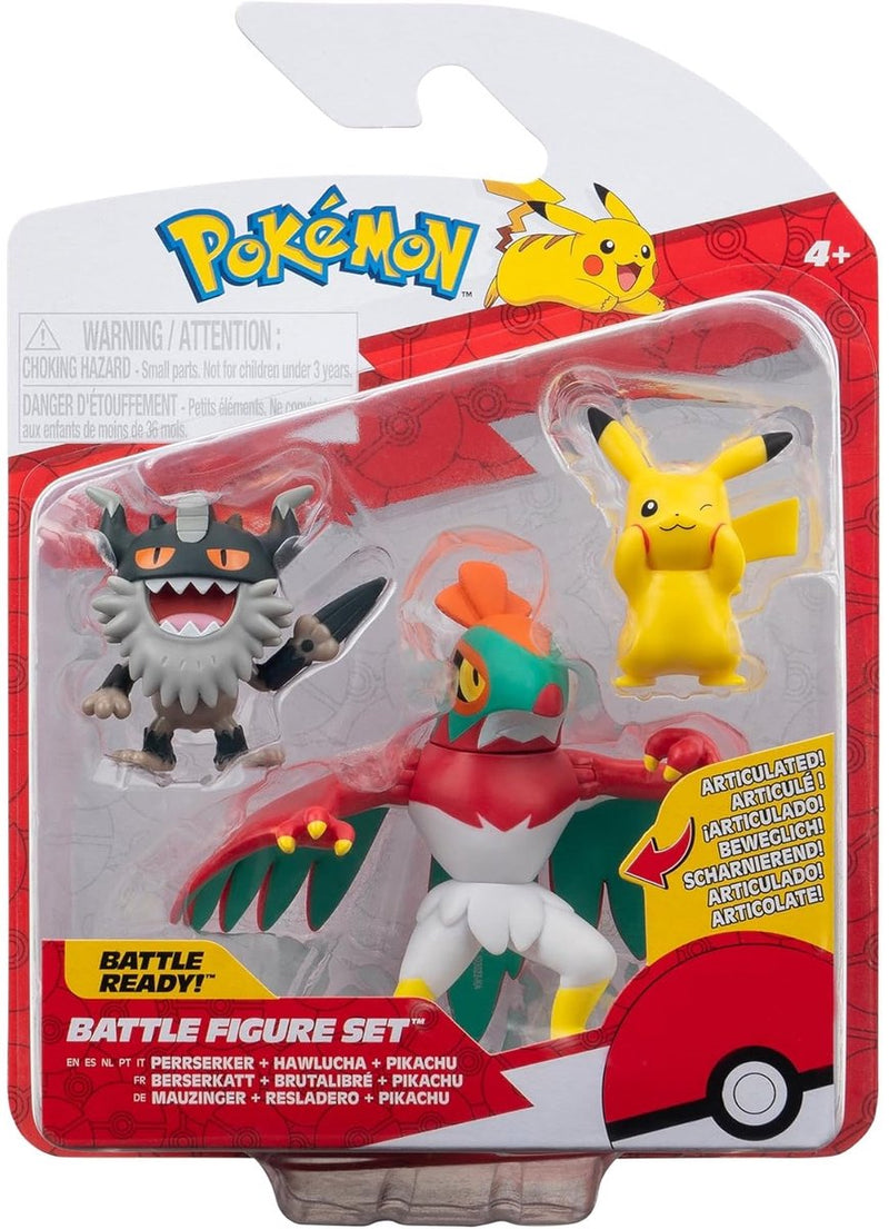 Jazwares pokémon battle figure set 3-pack pikachu #8, perrserker, hawlucha 5 cm action figuur