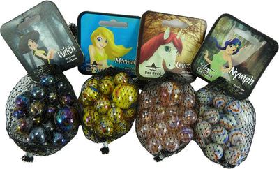 Don juan knikkers 20 16mm + 1 25mm mermaid,nymph,unicorn en witch