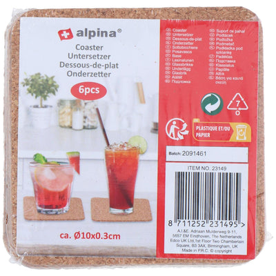 Alpina onderzetters kurk 6 stuks ã˜10cm vierkant of rond