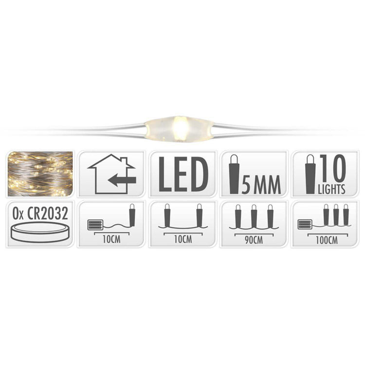 S.i.a. zilverdraad kerstverlichting op batterij 90cm 10 led lampjes