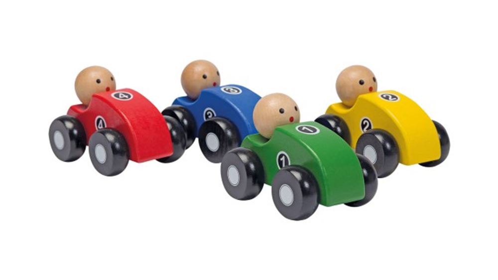 Houten auto's. 4 assortie. 3+