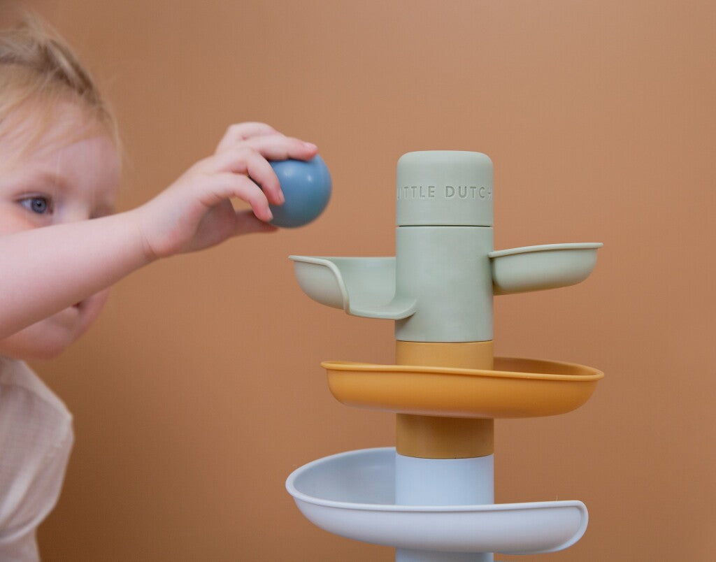 Rubo toys little dutch spiraaltoren blauw - knikkerbaan - 5 delen - 3 ballen - stapeltoren