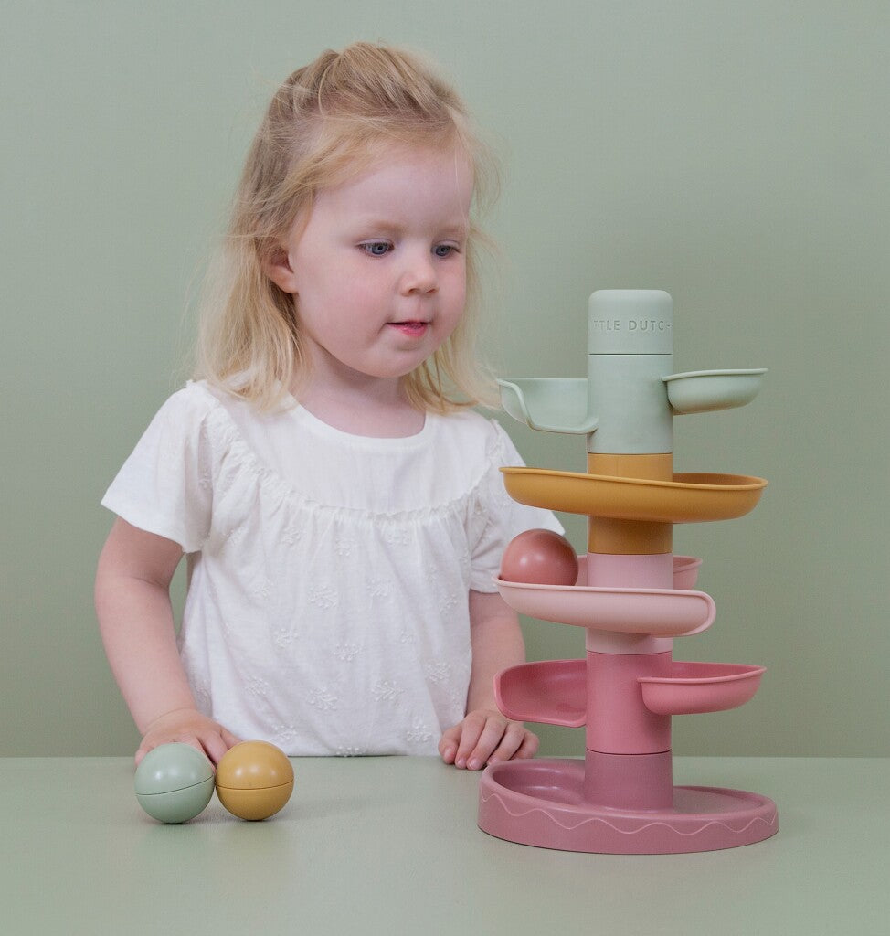 Rubo toys little dutch spiraaltoren roze - knikkerbaan - 5 delen - 3 ballen - stapeltoren
